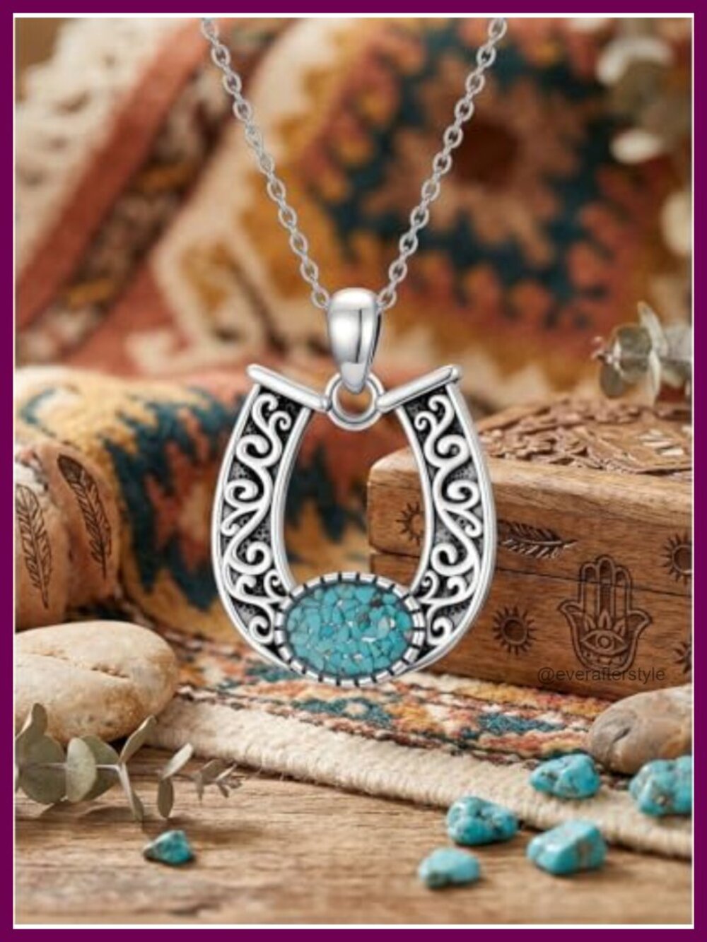 Turquoise Pendant Necklace Horseshoe Western Gold Plated Stainless Steel - Picture 6 of 6
